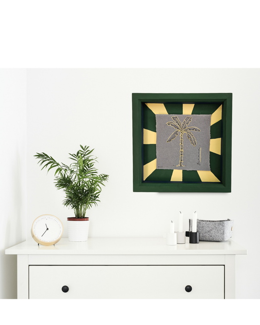 Tropical warmth, banana palm illustration in handpainted frame