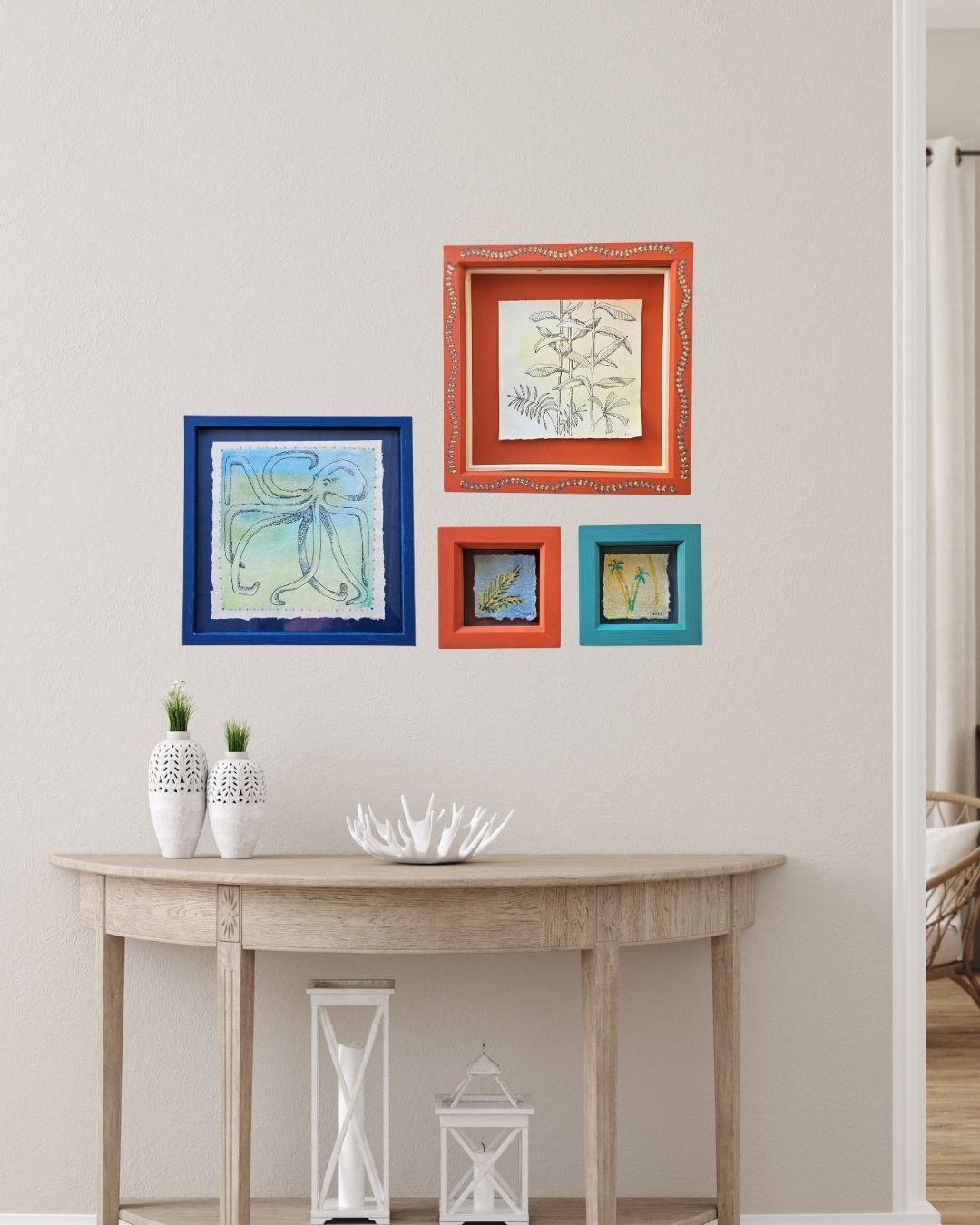 Mini palms, paintings in handpainted frames