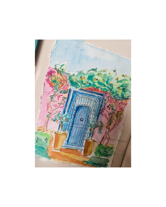 Colorful illustration of a blue door in a garden setting