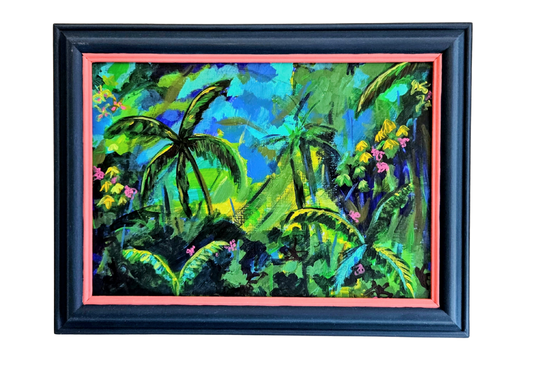 Framed tropical forest painting with vibrant colors