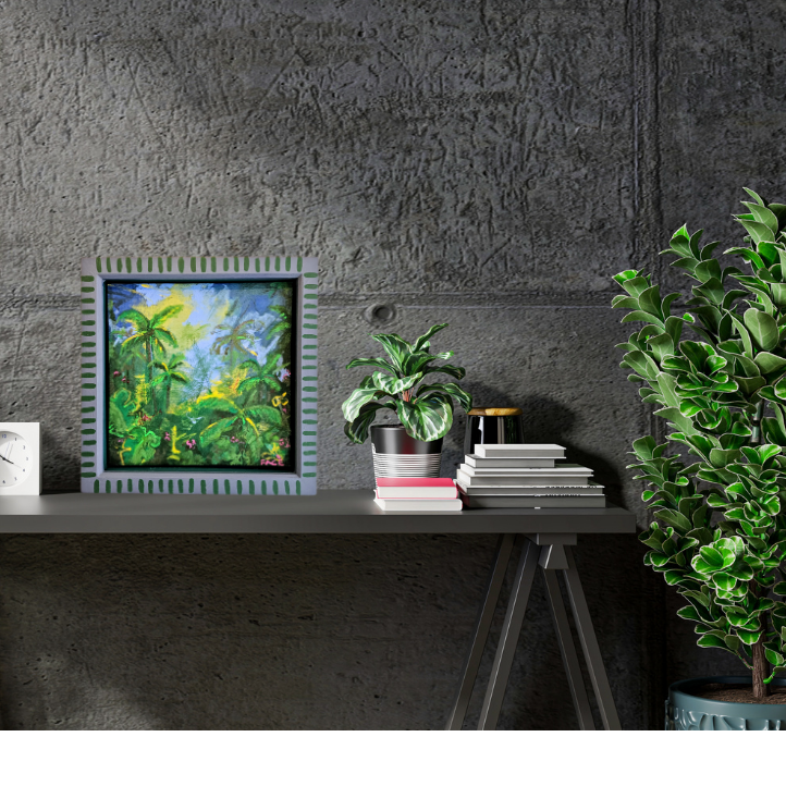 A small square jungle painting sitting on a bench in a room with grey walls