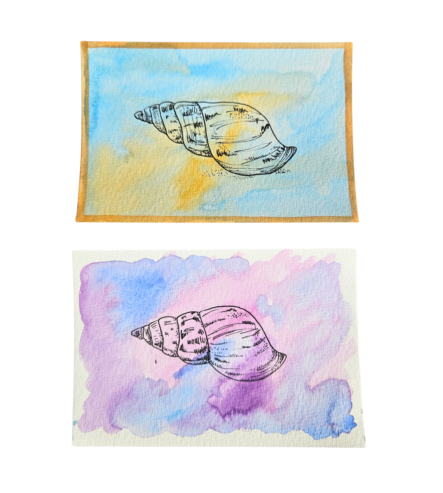 Handpainted pair of shell postcards