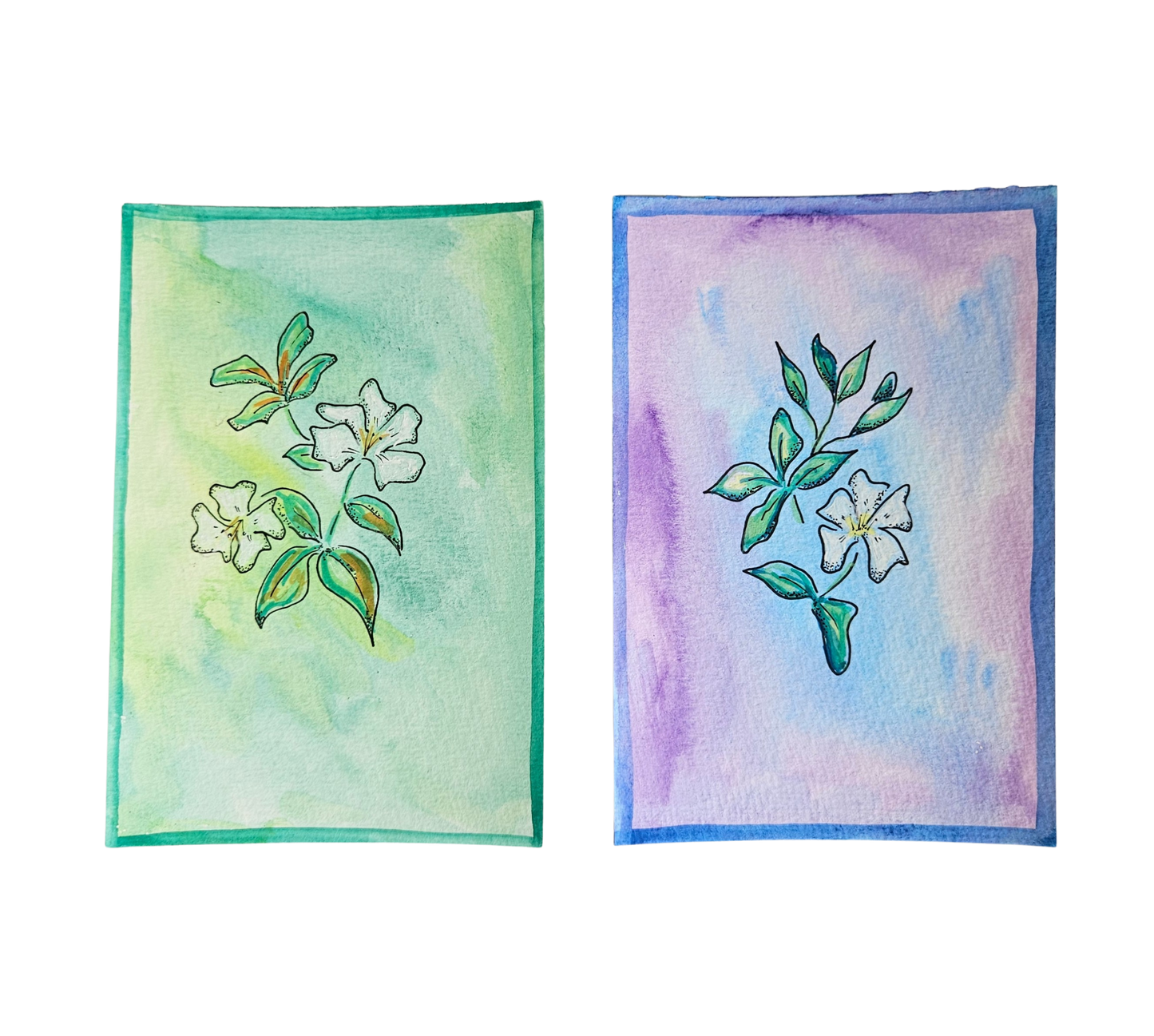 Handpainted pair of floral postcards