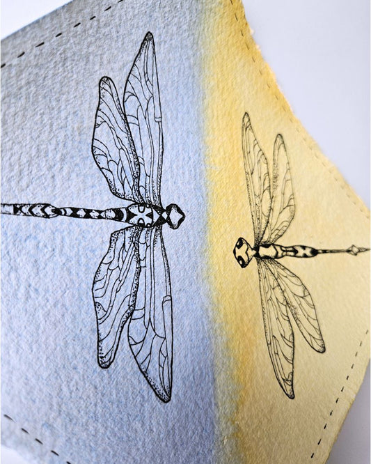 Two dragonfly illustrations on a textured surface, one in black and white and the other in gold.