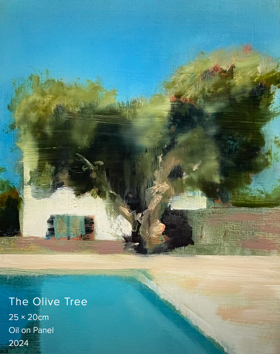 A painting of a tree and swimming pool