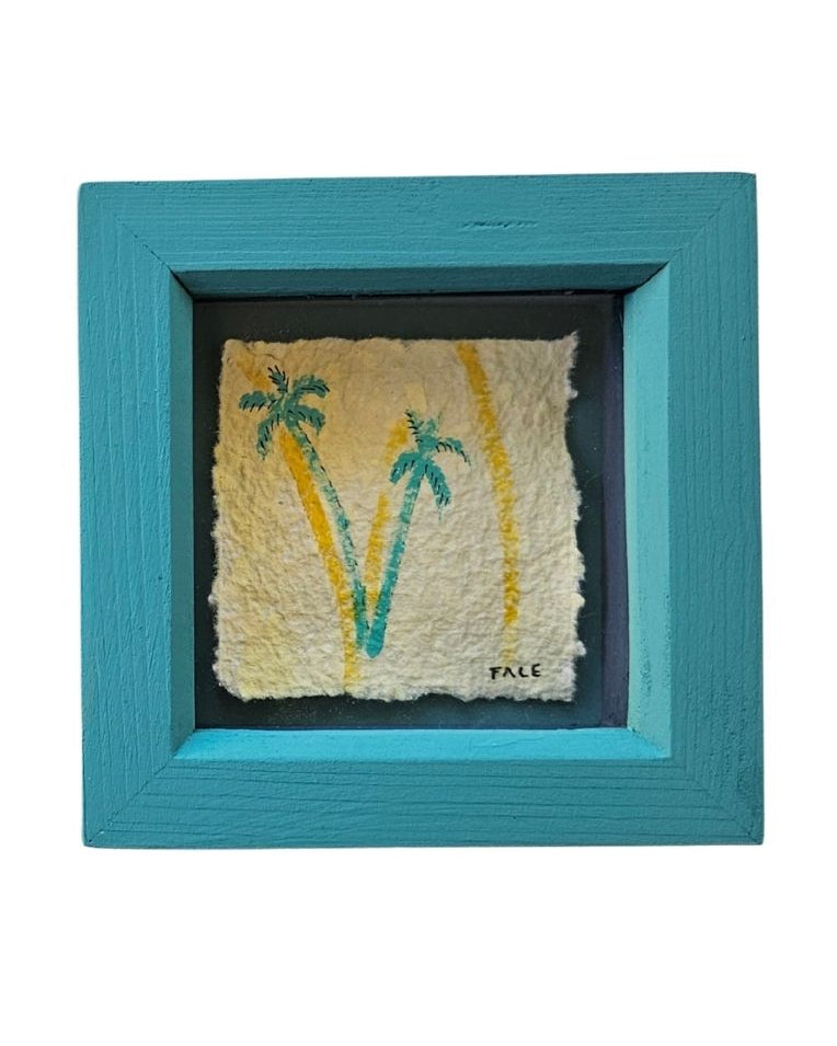 A teal blue box frame with a textured yellow paper and a palm tree illustration