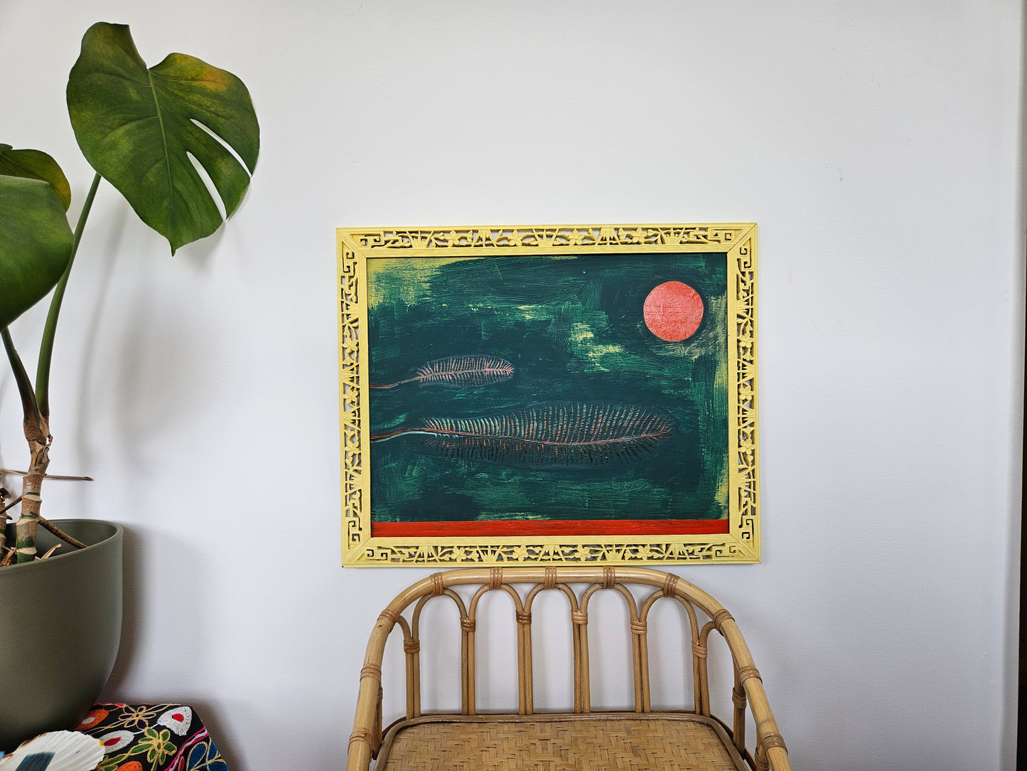 Burnt feathers - original on wood, with handpainted ornate frame