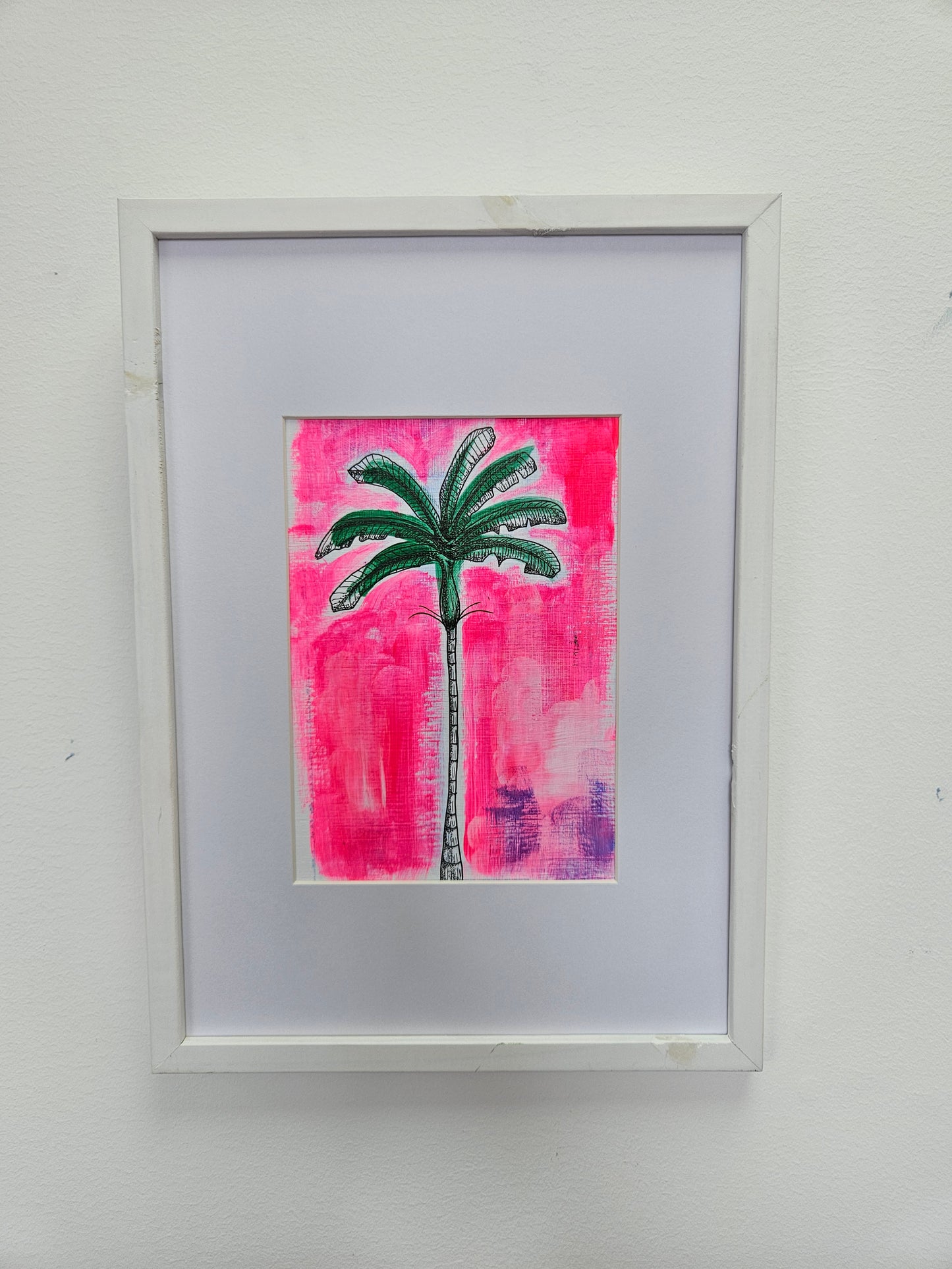 Palm tree illstration on neon pink acrylic background. White mount with white frame.