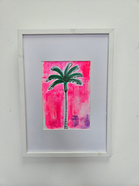 Palm tree illstration on neon pink acrylic background. White mount with white frame.