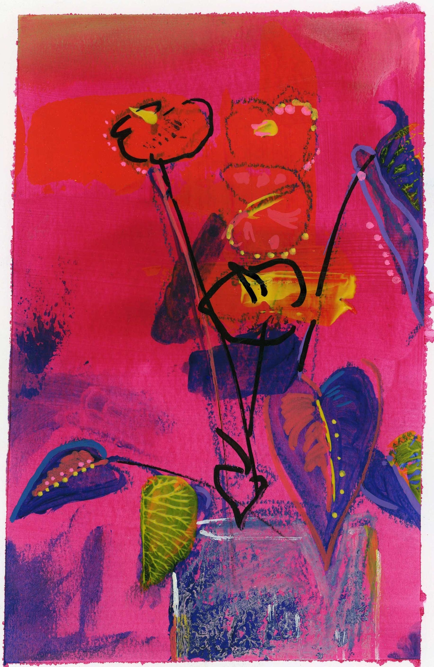 print of anthurium flowers in modern abstract style. Pink and purple