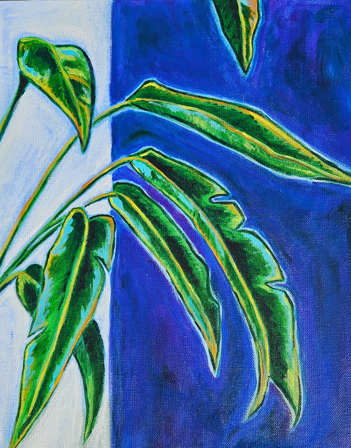 Painting of green leaves against a blue and white background