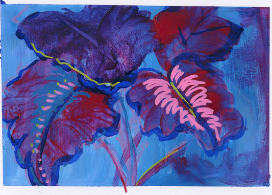 Art print of caladium plant in blue, with accents of purple and pink