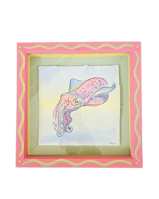 Square pink frame with wiggly lines and a painting of a small octopus inside