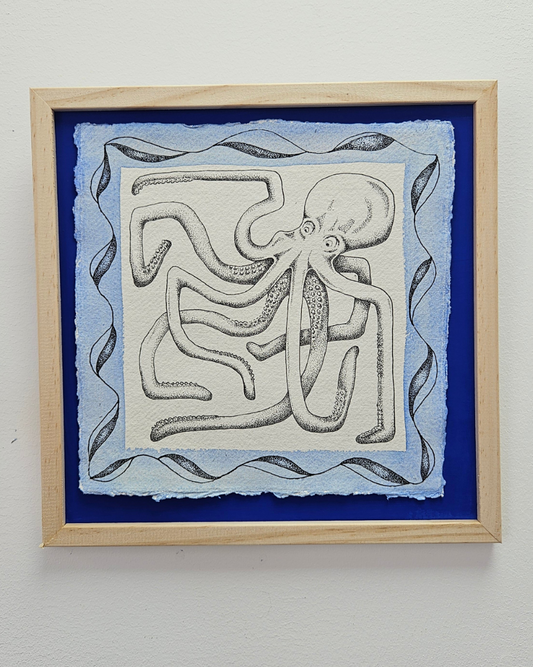 Framed artwork of a pen and ink octopus illustration with a blue watercolour border