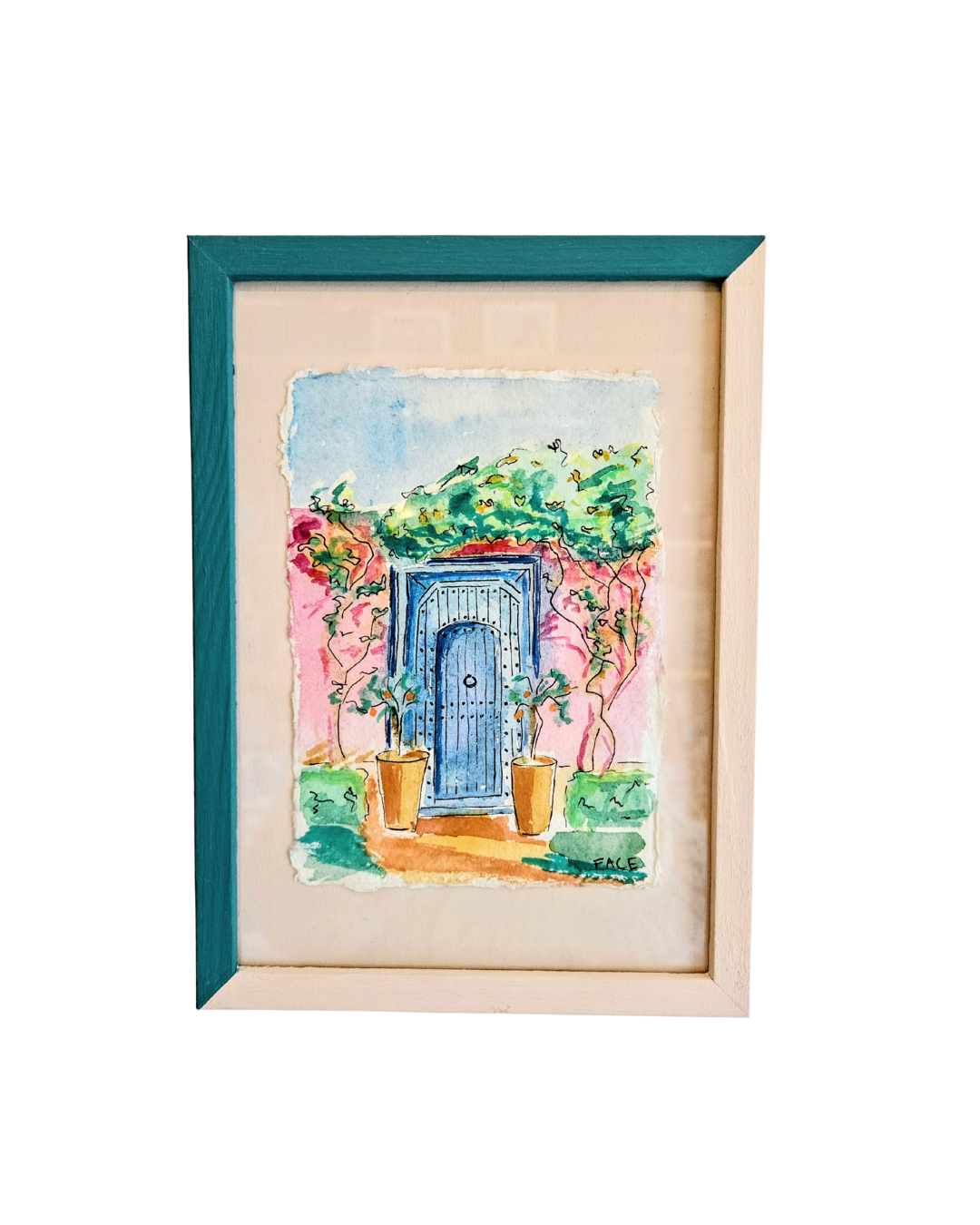 Artwork of a blue door with greenery in a teal and pink frame
