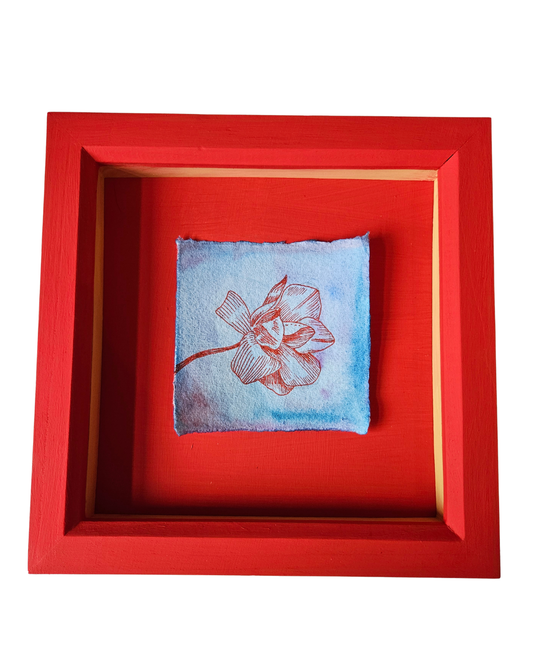Red Magnolia - pen & watercolour in handpainted frame