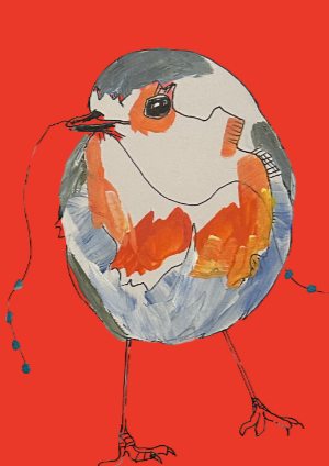 Illustration of a robin with a red chest and gray head on a red background
