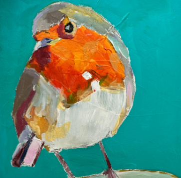 A painted robin on a teal background