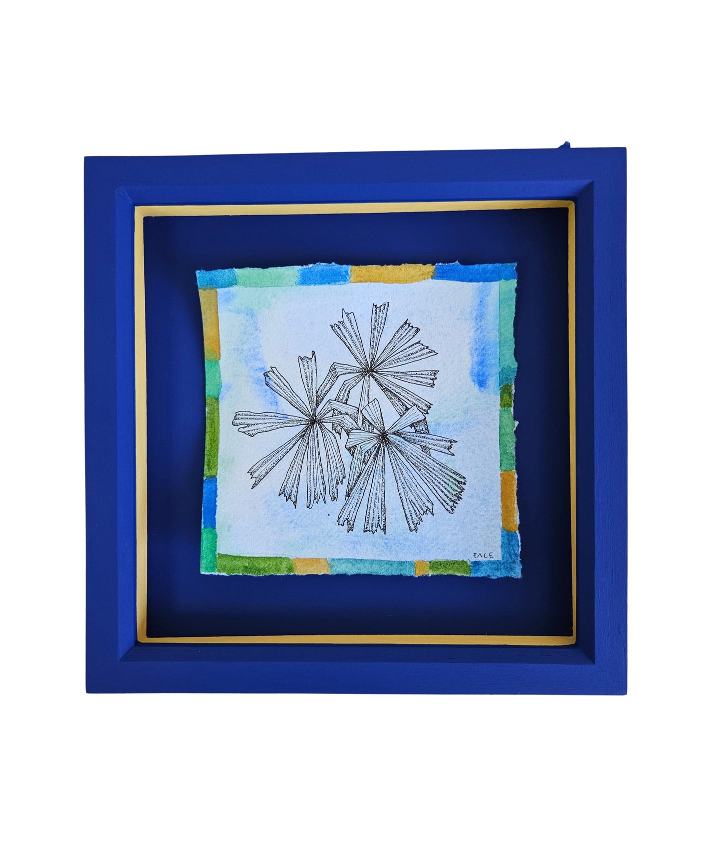 Framed artwork of palm leaves with a blue border and in a blue frame
