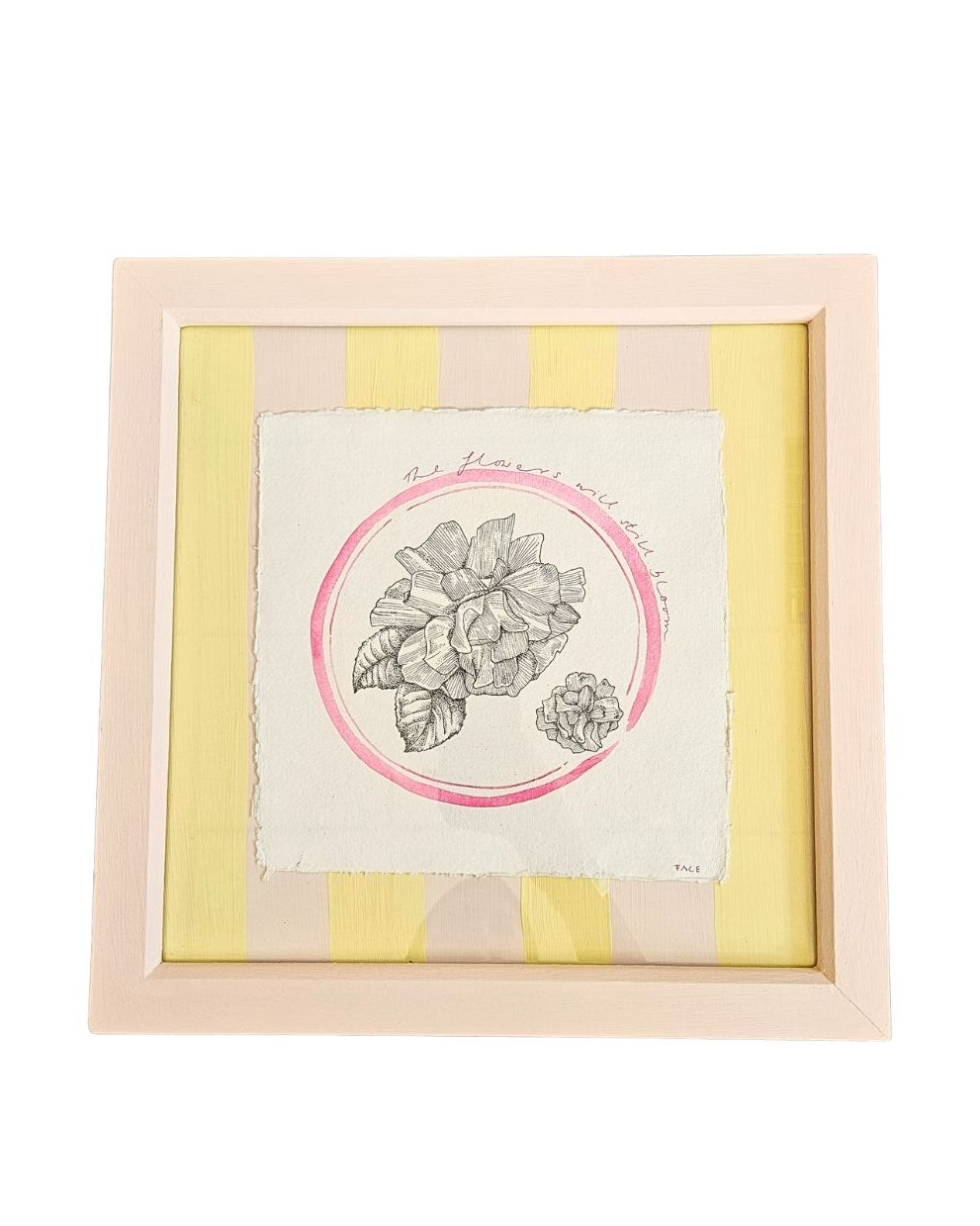 Pink frame containing a drawing of a rose in a painted pink circle