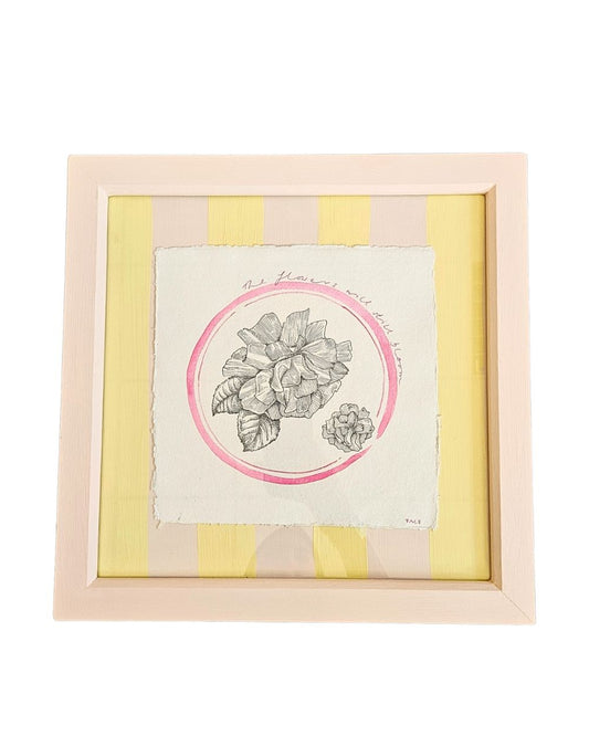 Pink frame containing a drawing of a rose in a painted pink circle
