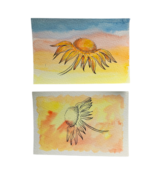 Pair of handpainted sunflower postcards