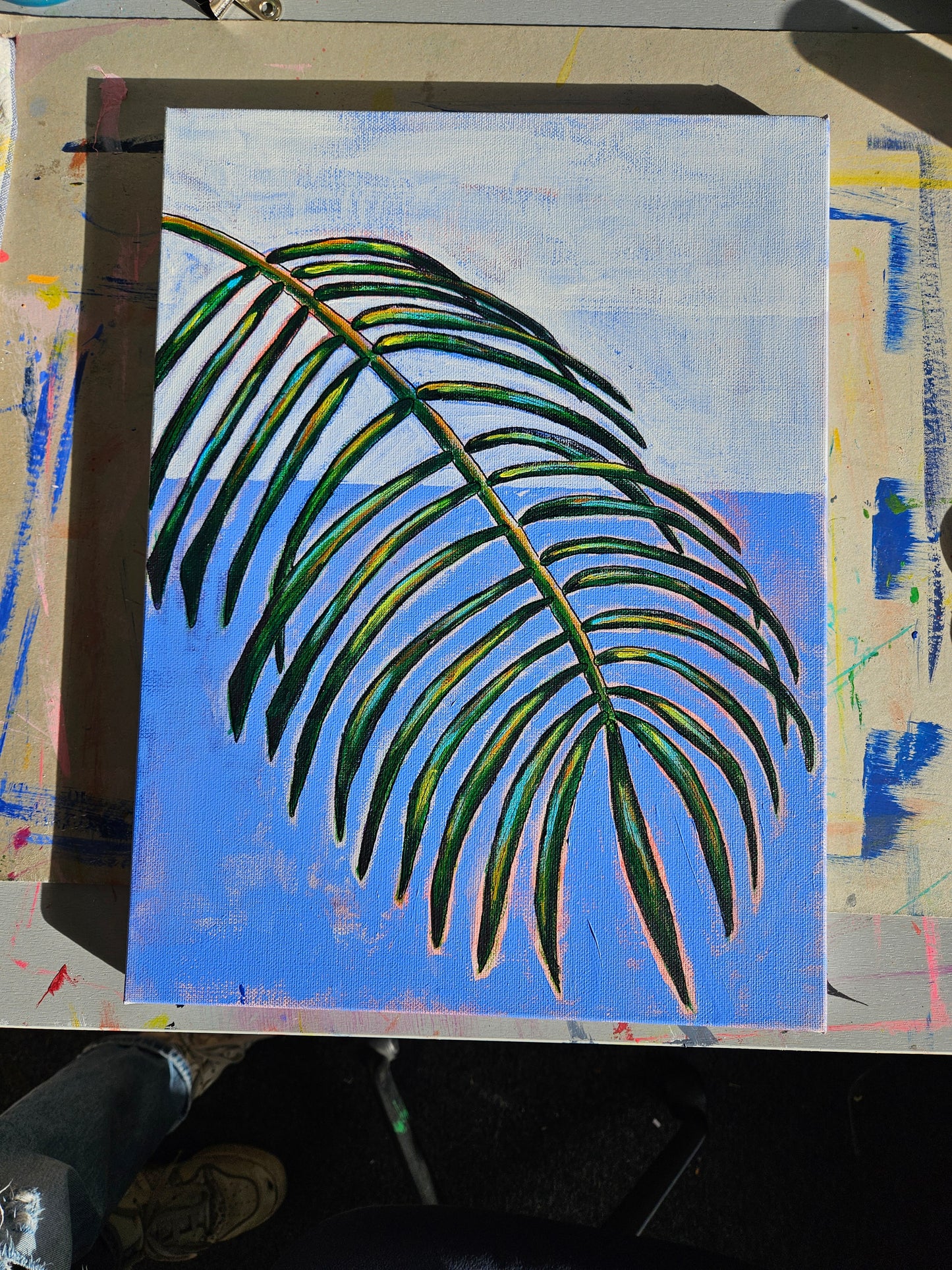 Palm leaves on blue - Original painting