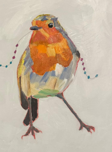 Illustration of a robin with decorations in its beak with a light gray background