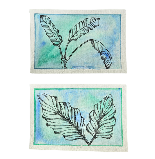 Pair of illustrated palm leaves on blue