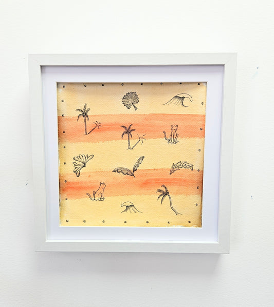Framed illustrated artwork with a sunset background, featuring palm trees, waves, and cats.
