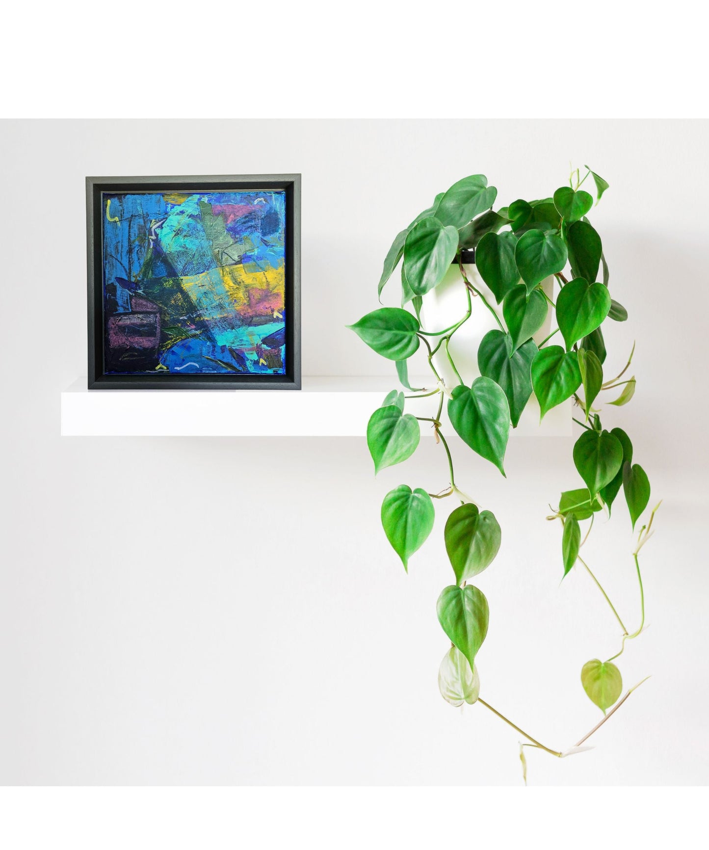 Potted plant and a colourful abstract painting  on a shelf.