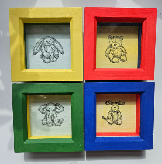 Four small toy pen and ink illustrations in handpainted box frames in bright, contrasting colours