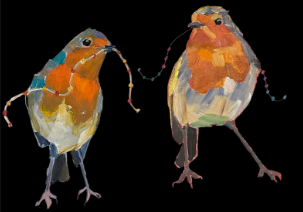 Painting of two robins holding a string of lights in their beaks on a black background